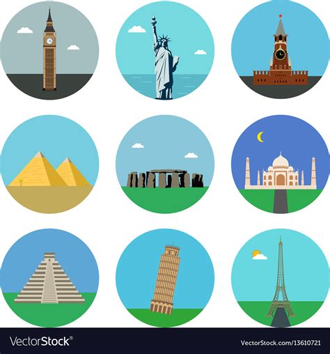 World Landmarks Flat Icons Set Royalty Free Vector Image