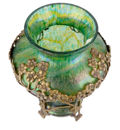 Art Nouveau Kralik Glass Vase With Flower Bronze Overlay 1900s
