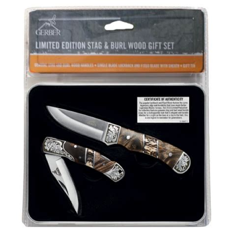 Gerber 31 000440 Limited Edition Stag Burl Wood 2 Knife Set In T Tin