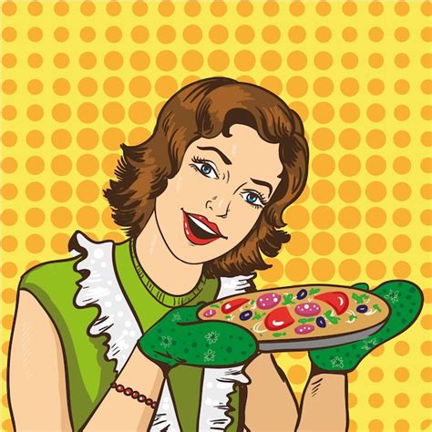 Woman Cooking Pizza At Home Illustration In Retro Comic Pop Art Style