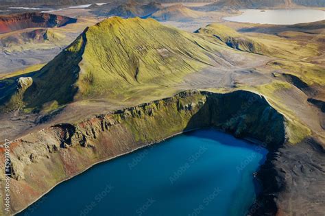 Drone Aerial View Of The Stunning Blue Crater Lakes Of Bláhlyur And