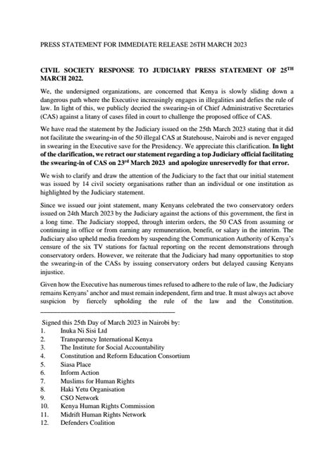 Kenya Cso Press Statement On The Swearing In Of Cabinet Assistant