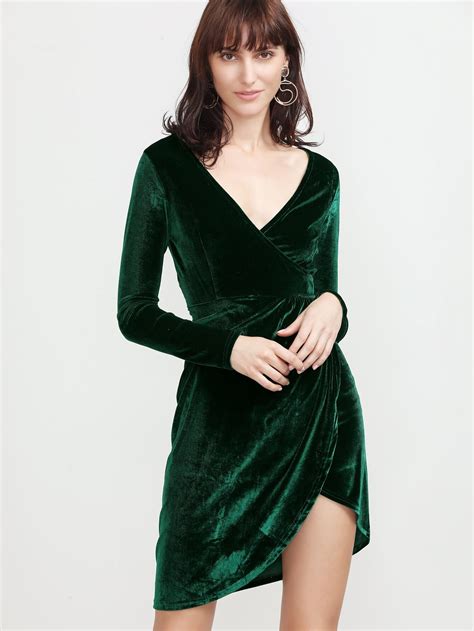 Dark Green V Neck Wrap Velvet Dress Sheinsheinside