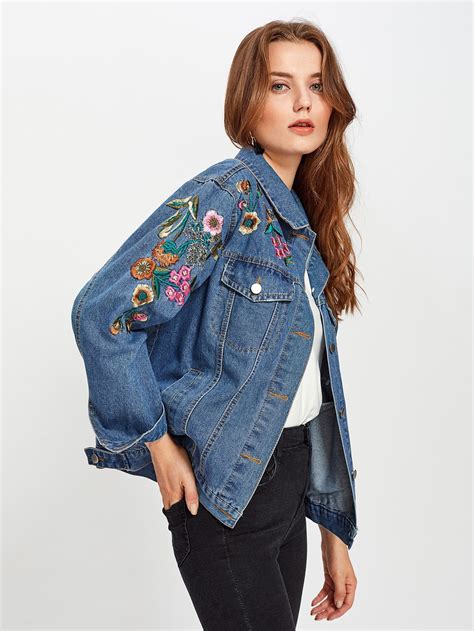 Flower Embroidered Denim Jacket SheIn Sheinside