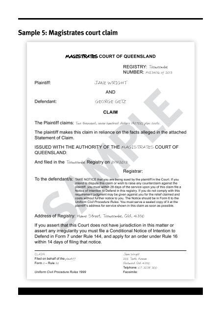Sample 5 Magistrates Court Claim Legal Aid Queensland