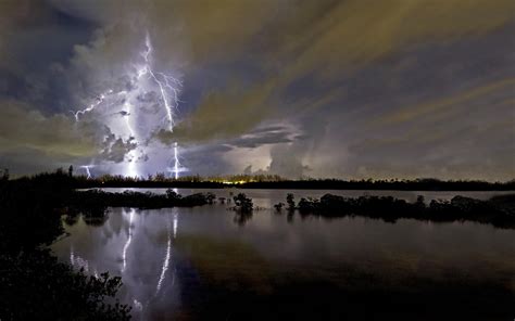 Thunderstorm Lightning Reflected In The Lake Wallpapers And Images