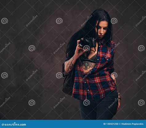 Seductive Tattooed Hipster Girl Wearing A Red Unbuttoned Checked Shirt