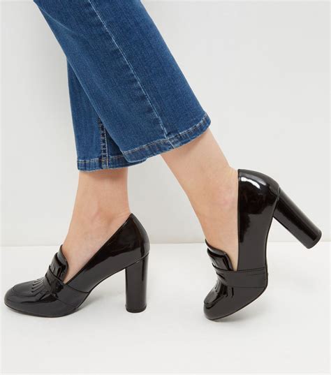 Black Patent Block Heel Loafers New Look Shoes Women Heels Womens