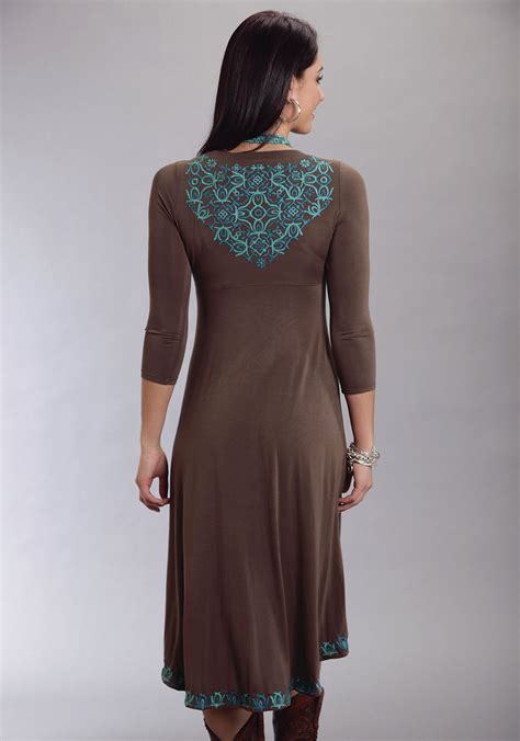 Stetson® Brown Turquoise Embroidered Hi Lo Hem Western Dress