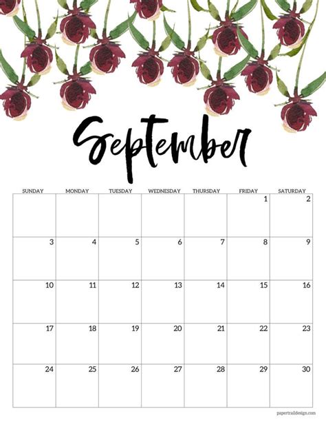 A Calendar With Red Flowers And The Words September On It In Black Ink