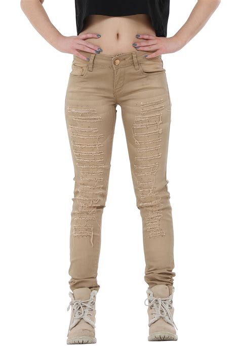 Low Rise Ripped Jeans With Diamante Detail Skinny Fit Light Brown Glamour Outfitters