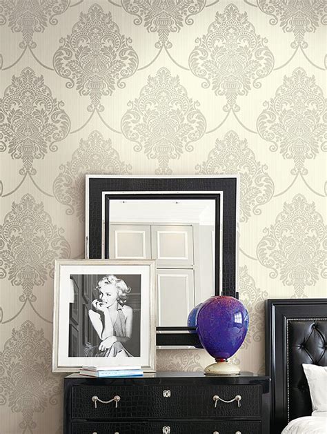 Classic Damask Wallpaper In Metallic And White Design By Seabrook