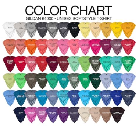 Gildan Color Chart Colors Gildan Softstyle T Shirt Etsy