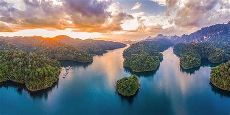 Lake Sunset Thailand Clouds Island Forest Mountain