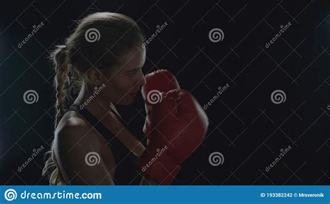 Woman Boxer Kicking Air In Slow Motion Woman Fighter Training Punch