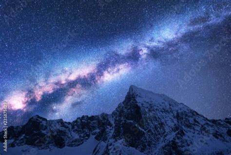 Milky Way Above Snowy Mountains Space Fantastic View With Snow