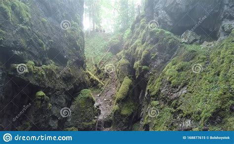 People On Steep Rocky Cliffs Covered By Green Moss In Morning Fog