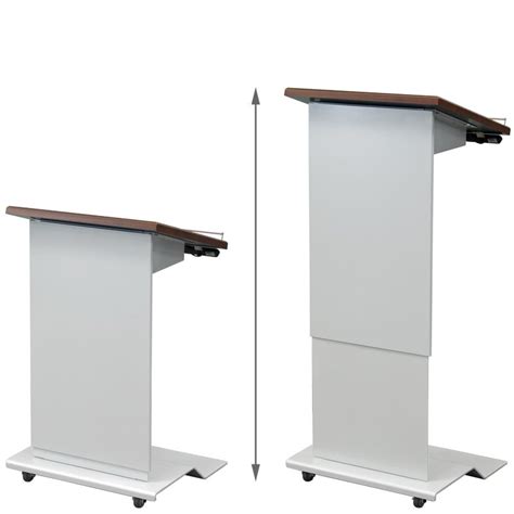 Two White Podiums With One Standing On Wheels And The Other Holding A