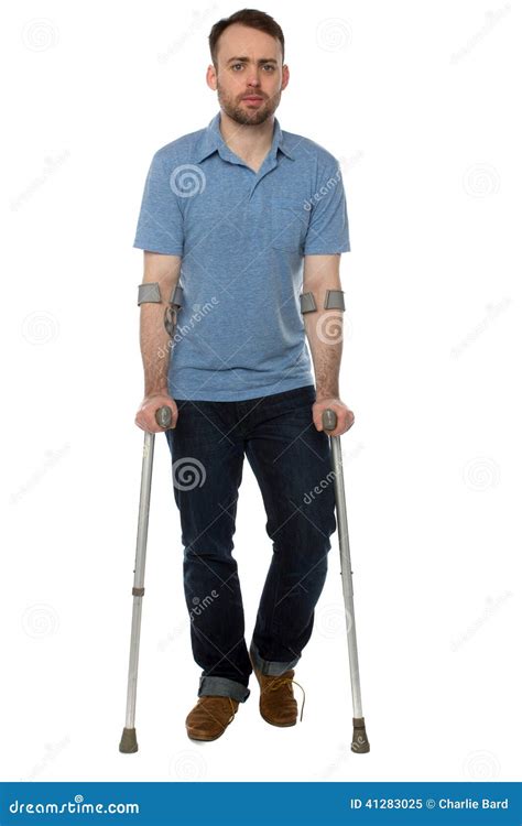 Young Disabled Man Walking With Forearm Crutches Stock Image Image Of