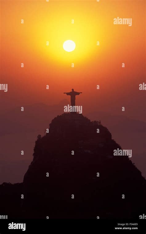Sunrise At Christ The Redeemer Statue Rio De Janeiro Brazil Stock