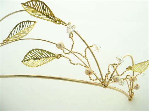 Bridal Tiara Leaves Pearls And Crystals On Gold Etsy