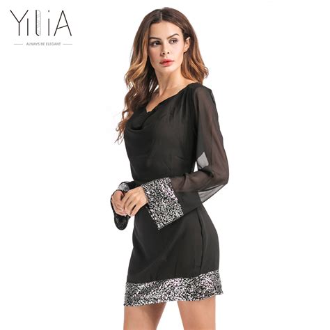 Yilia 2017 Women Autumn Summer Mini Dress Sexy Sequins Patchwork Black