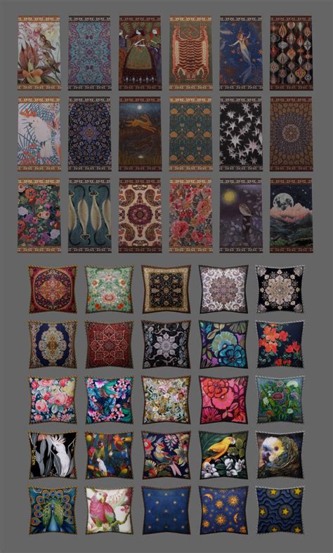 A Large Collection Of Decorative Pillows With Different Designs On Them