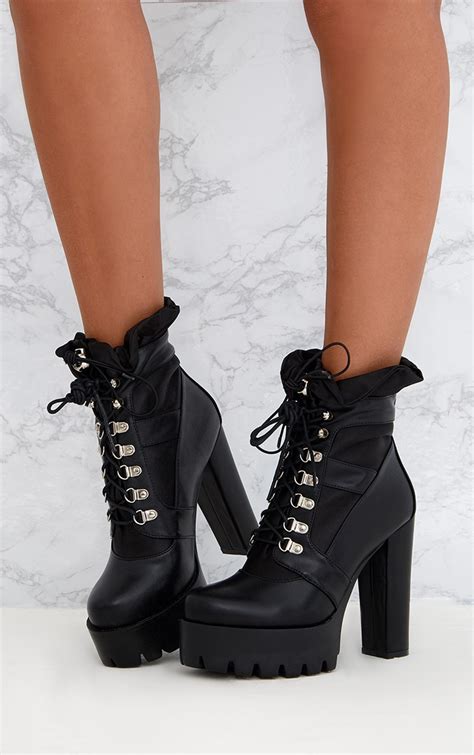 black ruched lace up platform ankle boots prettylittlething il
