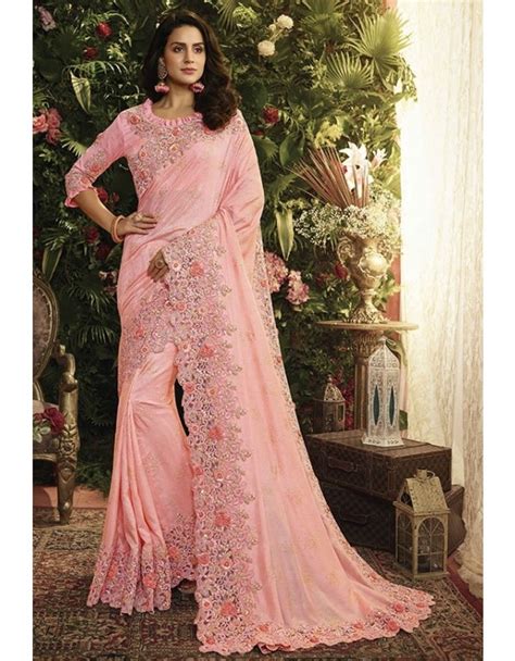 Rose Pink Designer Embroidered Saree Blue Silk Saree Art Silk Sarees Pink Saree Georgette