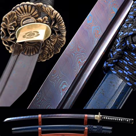 Handmade Blue Damascus Folded Steel Japanese Katana Combat Ready