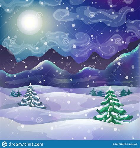 Vector Winter Wonderland Night Background With Snowfall Snowy Forest