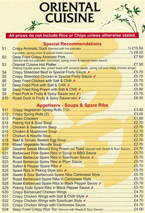 Menu For Oriental Cuisine Chinese Takeaway In Forest Town Mansfield