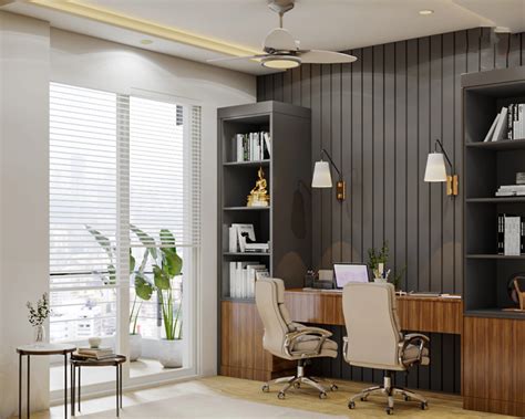Wood And Grey Classic Spacious Home Office Interior Design Idea