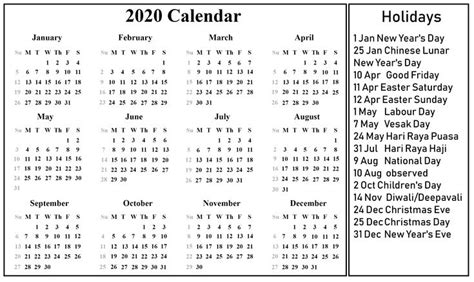 Us Holiday Calendar 2020 Templates Holiday Calendar Printable