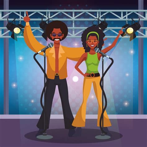 premium vector couple dancing and singing at disco retro cartoons