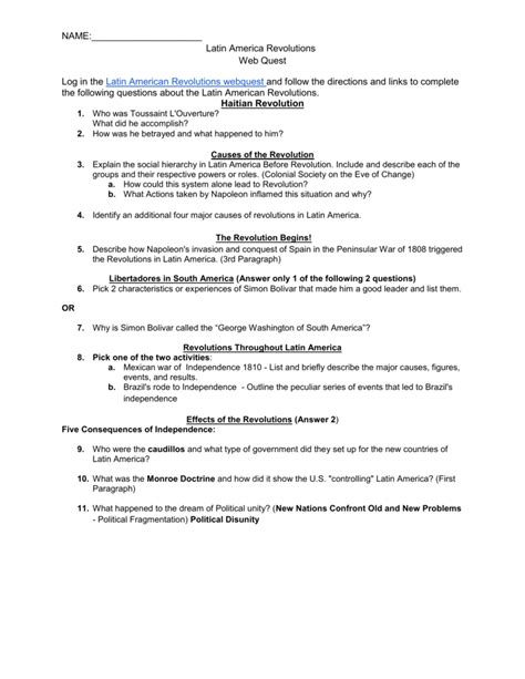 Latin American Revolutions Webquest Worksheet