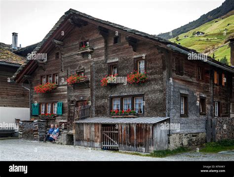 Traditional Swiss Alps Rural Wood Houses In Vals Village Of Alpine