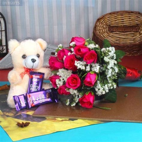 Teddy bear with one dozen red roses and chocolates. Red Roses with Teddy Bear and Chocolate | Pink rose ...