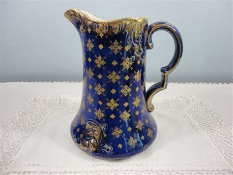 Antique English Milk Water Pitcher Cobalt Blue With Gilt English