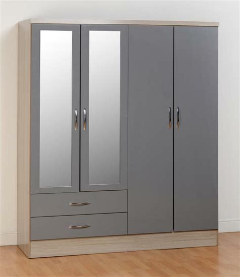 Nevada 4 Door 2 Drawer Mirrored Wardrobe Grey Ideal Furniture