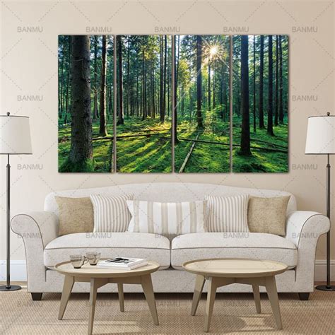 4 Panel Forest Sunrise Sunlixwat Oil Painting Green Tree Woods Canvas