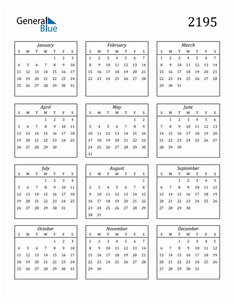 2195 Blank Yearly Calendar Printable