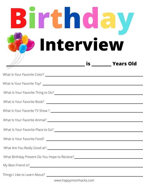 Fun Birthday Interview Questions For Kids Free Printable Happy Mom Hacks