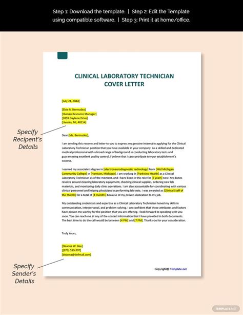 Appears professional knowledge with medical sample resume sample medical laboratory technician cover letter example will provide. Clinical Laboratory Technician Cover Letter Template [Free ...