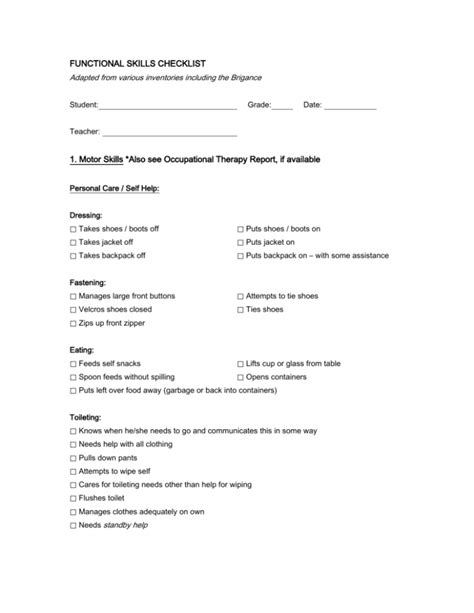 Functional Skills Checklist Elementary