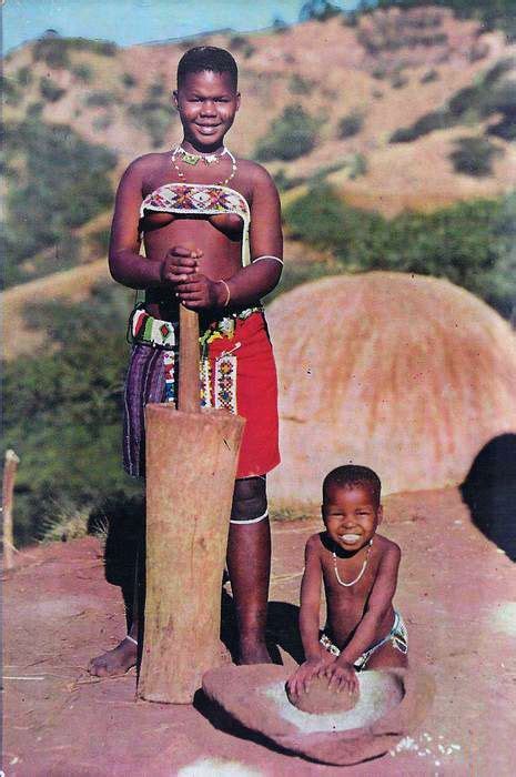 Africa Young Zulus Learning The Mealie Grinding Trade South Africa Scanned Postcard