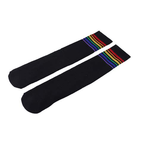 Flv 2019 1pair Thigh High Socks Over Knee Rainbow Stripe Girls Football Sport Socks Black White