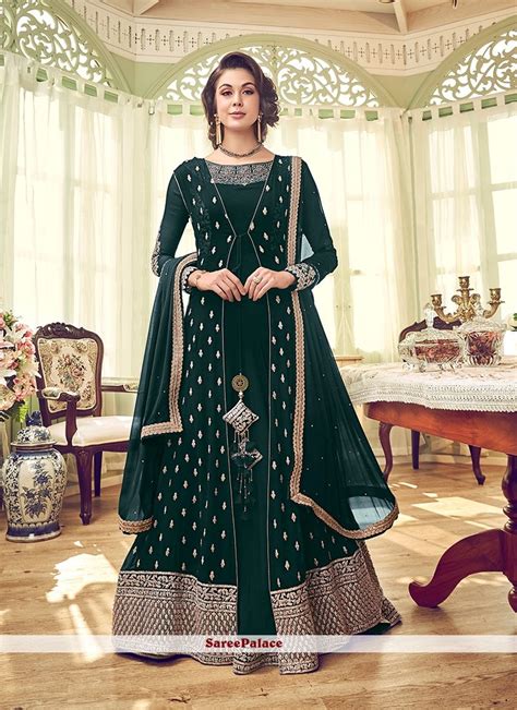 Buy Georgette Embroidered Green Designer Salwar Suit Online Anarkali