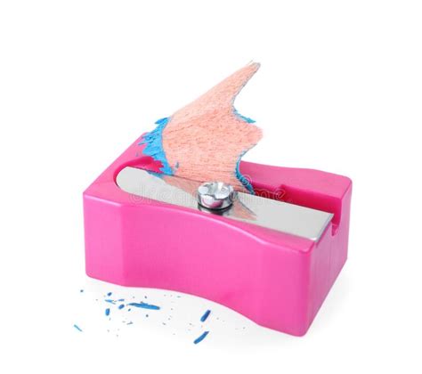 Pink Sharpener With Pencil Shavings On White Background Stock Image