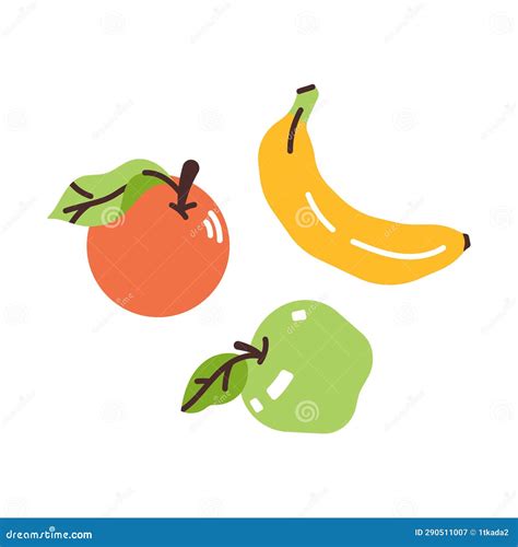 Composition Of Fruits Green Apple Banana And Orange Flat Modern